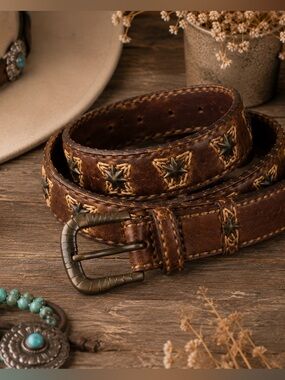 Cuadra Craftswear Leather Belt Brown Star Studded Western Boho Size M-L.